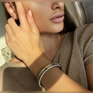 SOHO SLVR white gold leaf & enamel bracelet bangle cuff  .925 Sterling Silver